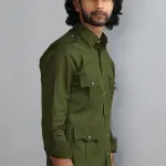 Premium Battle Green Turkish Linen Hunting Shirt | Classic Collar, Double Pockets | Breathable Summer Comfort | S to XXL Sizes | Handcrafted Quality Menswear