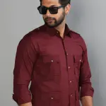 Premium Maroon Turkish Linen Hunting Shirt | Classic Collar, Double Pockets | Breathable Summer Comfort | S to XXL Sizes | Handcrafted Quality Menswear