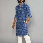 Sanganeri Block Print Navy Blue Kurta Pyjama Set for Men