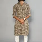 Cedar Brown Zigzag Printed Sanganeri Kurta Pyjama Set for Men