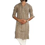 Cedar Brown Zigzag Printed Sanganeri Kurta Pyjama Set for Men