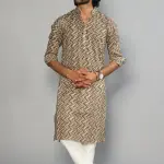 Cedar Brown Zigzag Printed Sanganeri Kurta Pyjama Set for Men