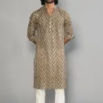 Cedar Brown Zigzag Printed Sanganeri Kurta Pyjama Set for Men