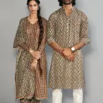 Cedar Brown Zigzag Printed Sanganeri Kurta Pyjama Set for Men