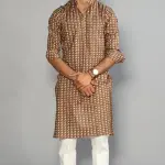 Walnut Brown Sanganeri Printed Kurta With White Pyjama for Men