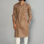 Walnut Brown Sanganeri Printed Kurta With White Pyjama for Men