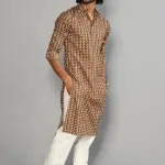 Walnut Brown Sanganeri Printed Kurta With White Pyjama for Men