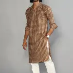 Walnut Brown Sanganeri Printed Kurta With White Pyjama for Men