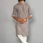 Tawny Brown Sanganeri Scales Print Kurta With White Pyjama for Men