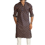 Navy Blue With Red Booti Pattern Sanganeri Kurta Pyjama Set for Men