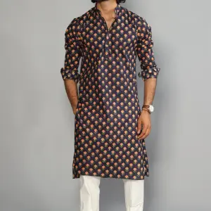 Navy Blue With Red Booti Pattern Sanganeri Kurta Pyjama Set for Men