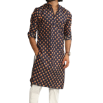 Navy Blue With Red Booti Pattern Sanganeri Kurta Pyjama Set for Men