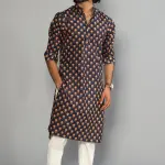 Navy Blue With Red Booti Pattern Sanganeri Kurta Pyjama Set for Men