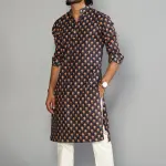 Navy Blue With Red Booti Pattern Sanganeri Kurta Pyjama Set for Men