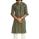 Juniper Green Block Print Sanganeri Kurta With White Pyjama for Men