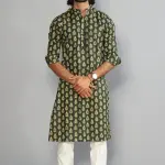 Juniper Green Block Print Sanganeri Kurta With White Pyjama for Men