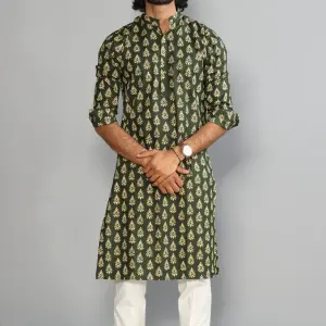 Juniper Green Block Print Sanganeri Kurta With White Pyjama for Men