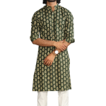 Juniper Green Block Print Sanganeri Kurta With White Pyjama for Men