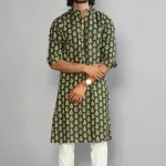 Juniper Green Block Print Sanganeri Kurta With White Pyjama for Men