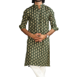 Juniper Green Block Print Sanganeri Kurta With White Pyjama for Men