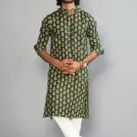 Juniper Green Block Print Sanganeri Kurta With White Pyjama for Men