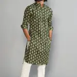 Juniper Green Block Print Sanganeri Kurta With White Pyjama for Men