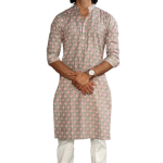 Thunder Grey Sanganeri Booti Print Kurta With White Pyjama for Men