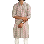 Thunder Grey Sanganeri Booti Print Kurta With White Pyjama for Men