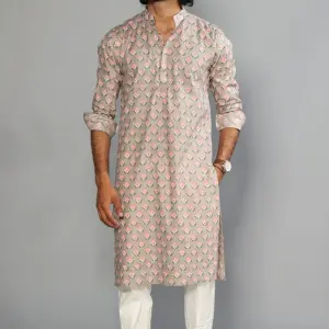 Thunder Grey Sanganeri Booti Print Kurta With White Pyjama for Men