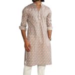 Thunder Grey Sanganeri Booti Print Kurta With White Pyjama for Men