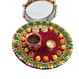 Beautiful Puja Thali for Karwa Chauth | Complete Set with Chalni, Kalash & Deepak | Green-Light Maroon Theme | Festive Pooja Essentials | Jaipurio Authentic Collection