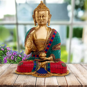 Colored Buddha Blessing Brass Statue: 7.62x12.03x15.24cm Decorative Idol | Colorful Buddhist Art | Home Decor Murti | Sacred Gift