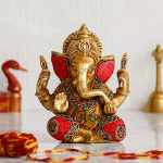 Stone Work Brass Ganesha Idol: 10.9x6.98x14.9cm Handcrafted Art | Premium Gemstone Details | Traditional Divine Murti | Sacred Decor