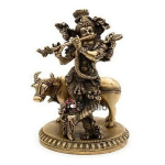 Krishna Playing Flute with Cow Brass Statue: 15x25x11cm Sacred Art | Divine Pastoral Scene | Traditional Temple Decor | Premium Murti