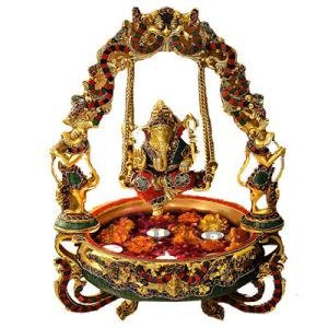 Ganesha Brass Urli with Swing | Stone Work Jhoola Statue | Traditional Temple Art | Luxury Divine Decor | Sacred Craftsmanship