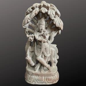 Hand-Carved Pink Stone Krishna Statue | 1 Ft Spiritual Sculpture | Traditional Indian Artistry