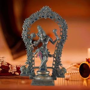 Vintage Brass Lord Krishna Statue with Prabhavali Arch – 18.5" Height