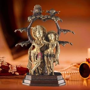 Pure Brass Radha Krishna Under Tree Idol - 17" Height, Dual Tone Finish