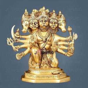 Powerful Brass Superfine Panchmukhi Hanuman Sculpture 11" | Intricate Carvings | 7.5 kg Strength Invoking | 10.5" Width, 6" Depth | Spiritual Sanctuary Enhancer