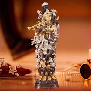 Antique Brass Handcrafted Krishna Statue 30" | Intricate Three-Tone Copper, Silver & Golden Finish | 18 kg Timeless Elegance | Spiritual Presence for Any Setting