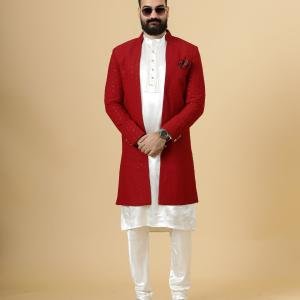 Stunning Red Chikankari Open Sherwani paired with Off-White Kurta Pajama for Men - Father Son Combo | Jaipurio