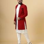 Stunning Red Chikankari Open Sherwani paired with Off-White Kurta Pajama for Men - Father Son Combo | Jaipurio