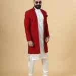 Stunning Red Chikankari Open Sherwani paired with Off-White Kurta Pajama for Men - Father Son Combo | Jaipurio