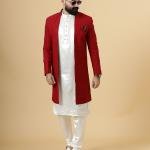 Stunning Red Chikankari Open Sherwani paired with Off-White Kurta Pajama for Men - Father Son Combo | Jaipurio