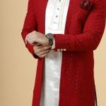 Stunning Red Chikankari Open Sherwani paired with Off-White Kurta Pajama for Men - Father Son Combo | Jaipurio