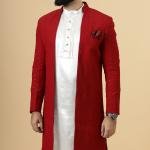 Stunning Red Chikankari Open Sherwani paired with Off-White Kurta Pajama for Men - Father Son Combo | Jaipurio