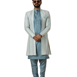 Stunning Mirror Embroidered Sky-Blue Open Sherwani with Turquoise Blue Kurta Pajama for Men - Father Son Combo | Jaipurio