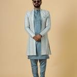 Stunning Mirror Embroidered Sky-Blue Open Sherwani with Turquoise Blue Kurta Pajama for Men - Father Son Combo | Jaipurio