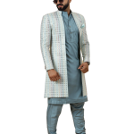 Stunning Mirror Embroidered Sky-Blue Open Sherwani with Turquoise Blue Kurta Pajama for Men - Father Son Combo | Jaipurio