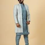 Stunning Mirror Embroidered Sky-Blue Open Sherwani with Turquoise Blue Kurta Pajama for Men - Father Son Combo | Jaipurio